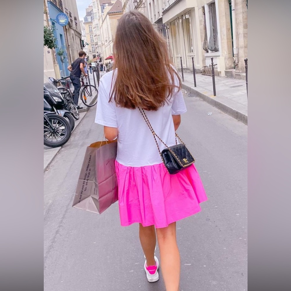Tanya Taylor White Top with Hot Pink Mini Skirt